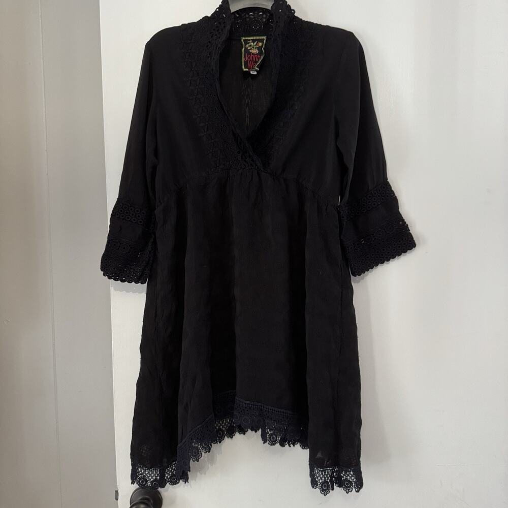Johnny Was Shift Dress Black Boho Floral Lace Trim 3/4 Sleeve Women’s Medium